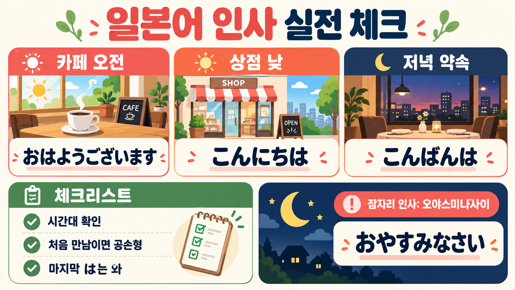일본어 인사 3가지: 오하요·곤니치와·곤방와 시간대와 사용법 확인 정보 카드
