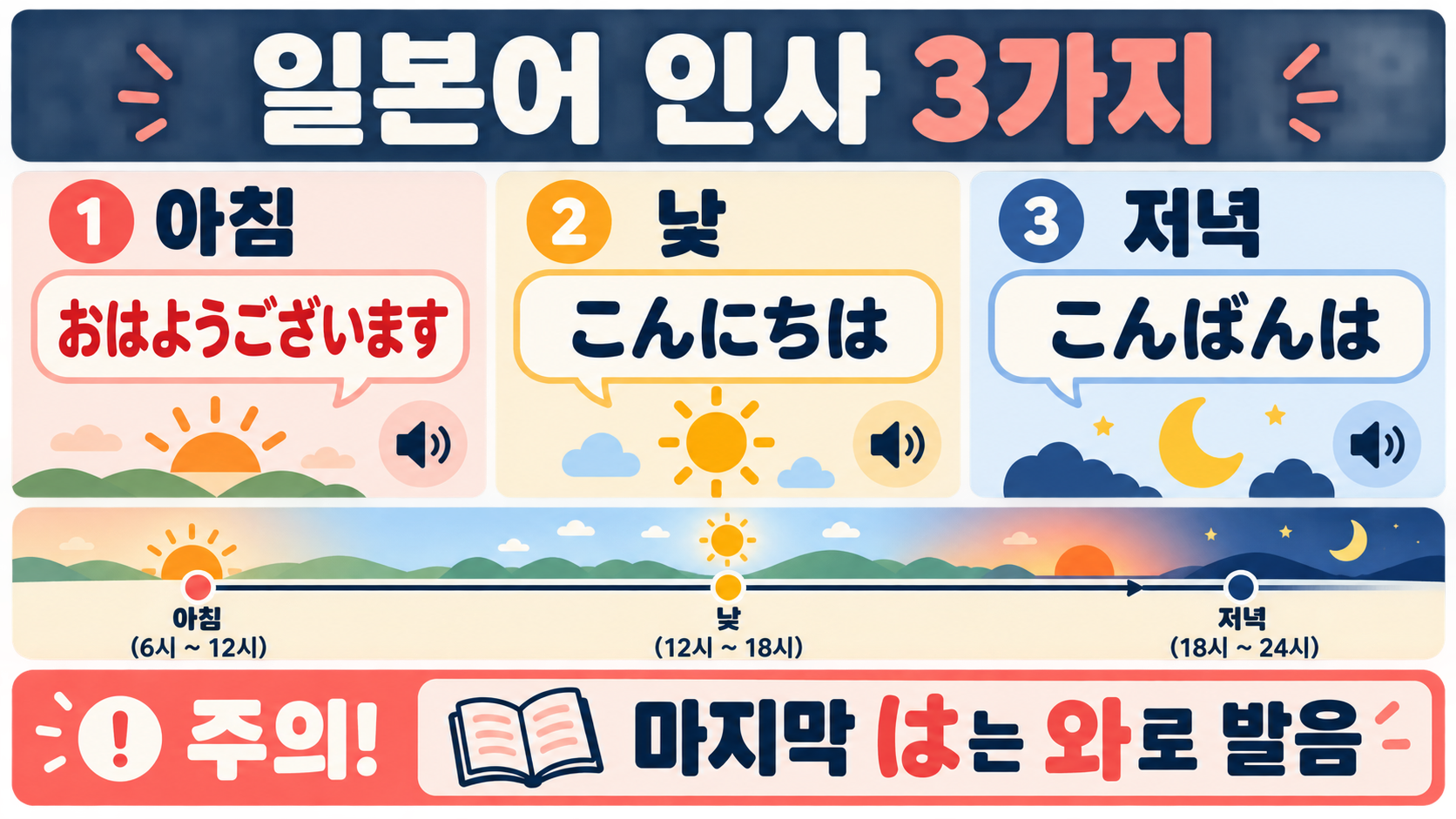 일본어 인사 3가지: 오하요·곤니치와·곤방와 시간대와 사용법 대표 이미지