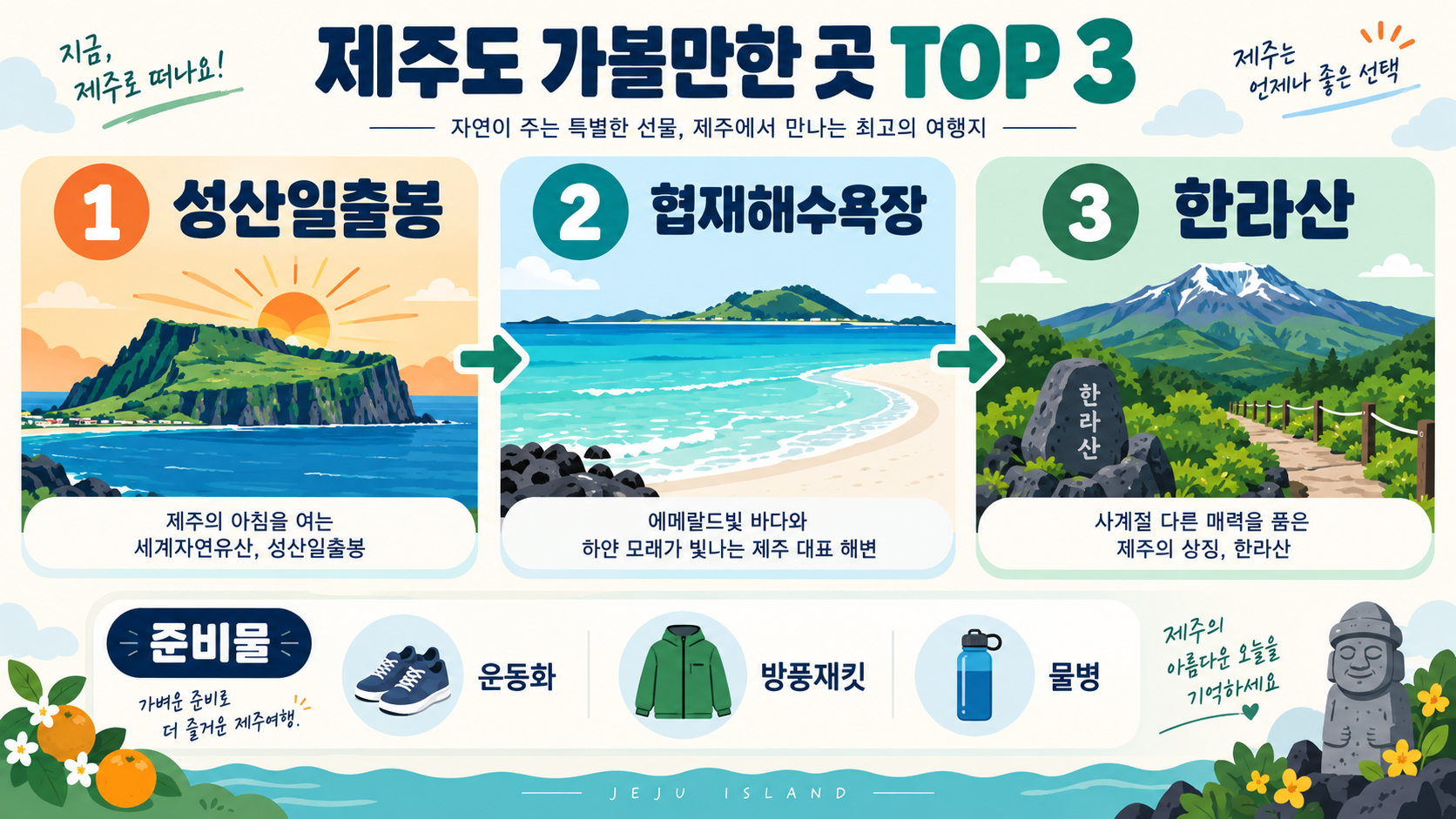 제주도 가볼만한 곳 TOP 3: 직접 다녀온 추천 여행지 정보 카드