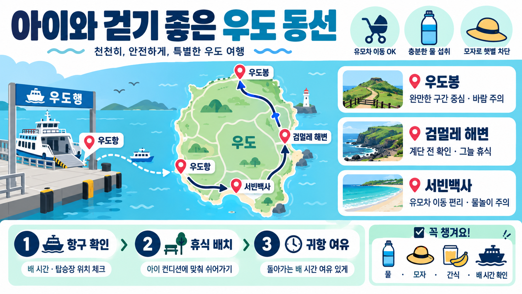 아이와 함께하는 제주 우도 당일치기: 배 시간·가볼 만한 곳 총정리 관련 정보 카드