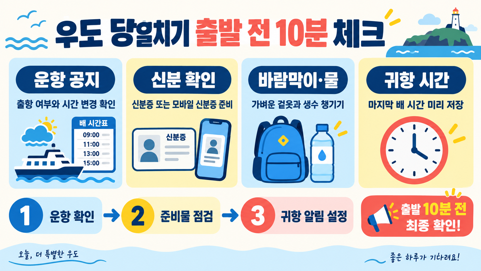 아이와 함께하는 제주 우도 당일치기: 배 시간·가볼 만한 곳 총정리 확인 정보 카드