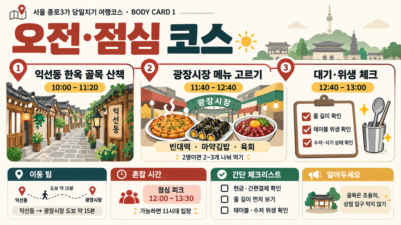 서울 종로3가 당일치기 여행코스: 골목·시장·야경까지 관련 정보 카드