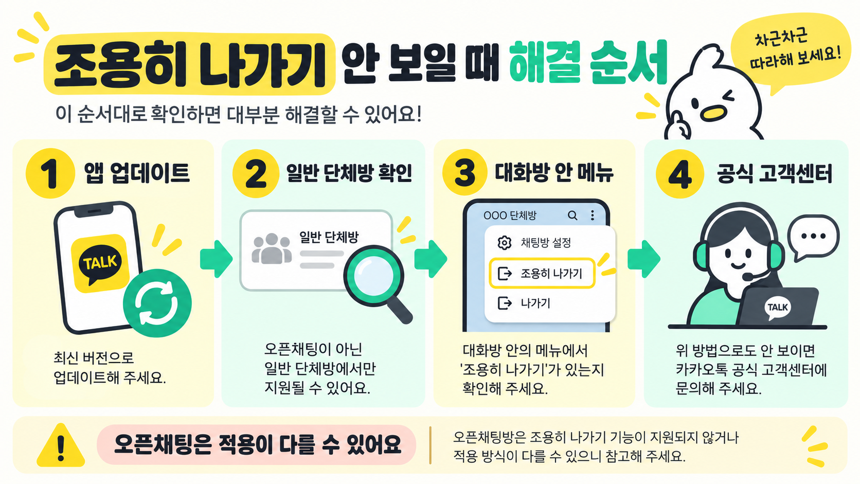 카카오톡 조용히 나가기 방법: 단체채팅방에서 확인할 설정과 순서 확인 정보 카드