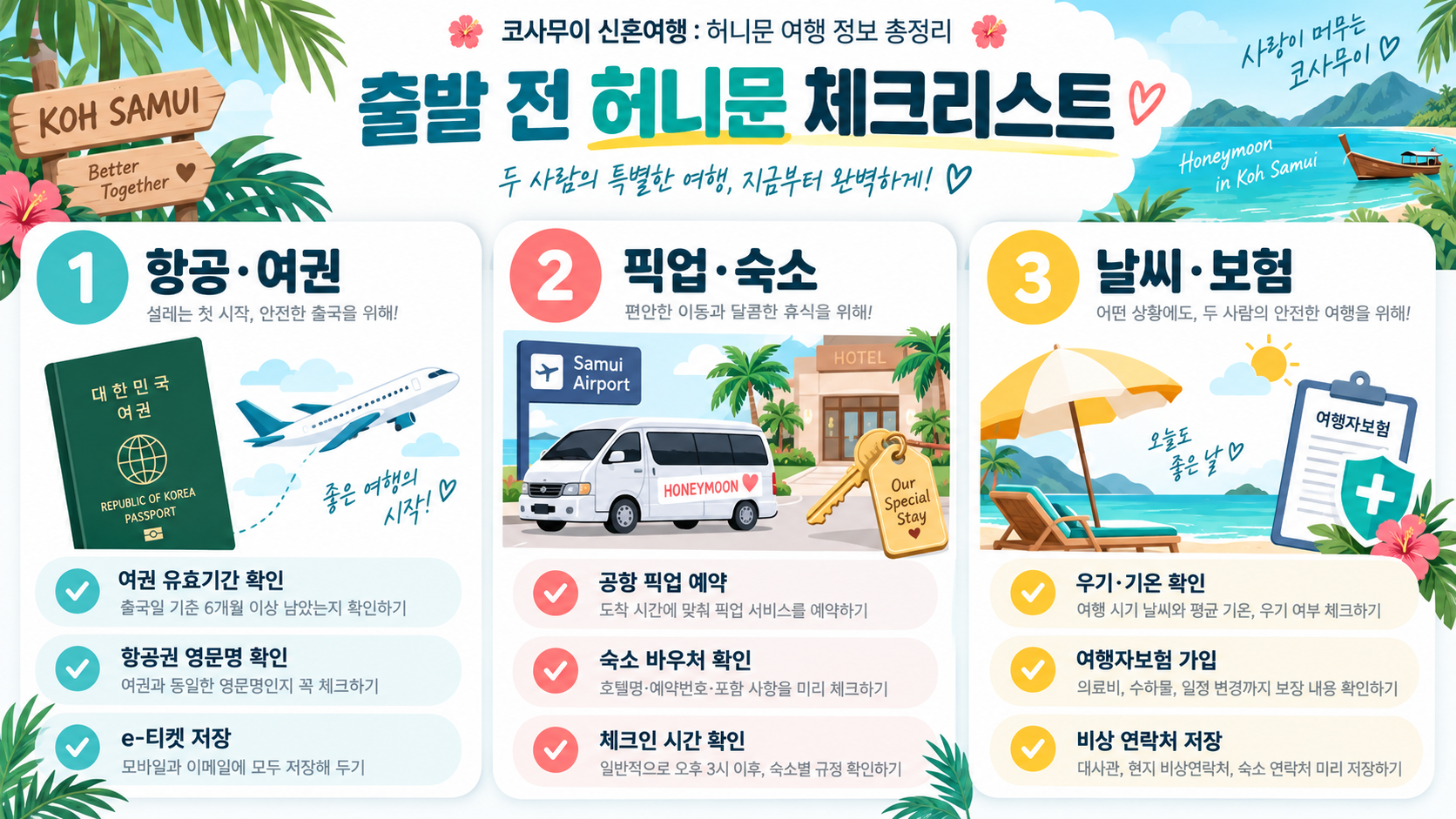 코사무이 신혼여행: 허니문 여행 정보 총정리 확인 정보 카드