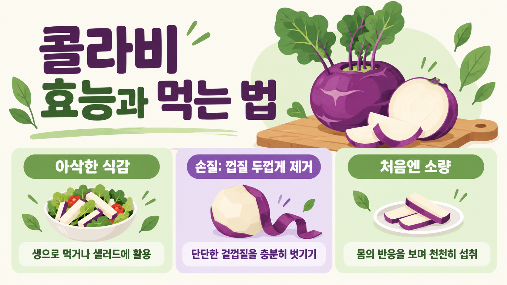 콜라비 효능과 부작용, 먹는 법: 생채·깍두기 레시피 정보 카드