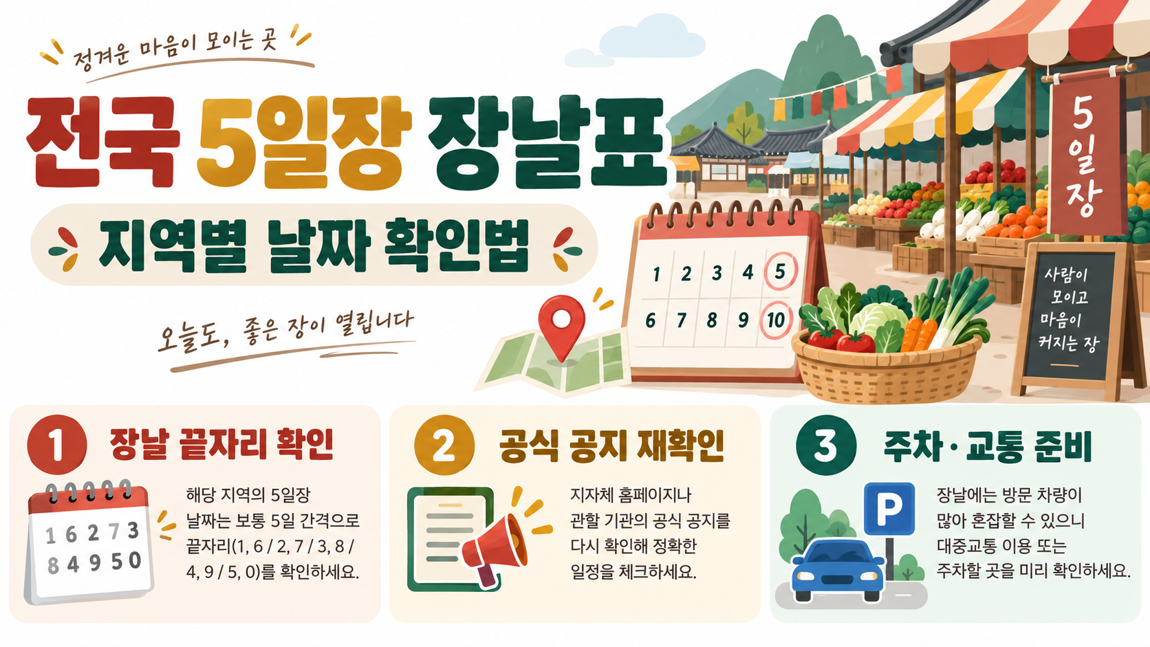 전국 5일장 장날표: 지역별 날짜 확인 방법 정보 카드