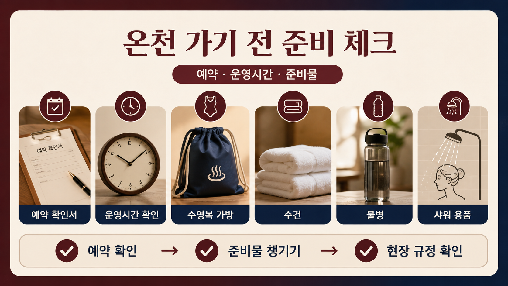 온천 방문 전 예약과 준비물을 확인하는 정보카드