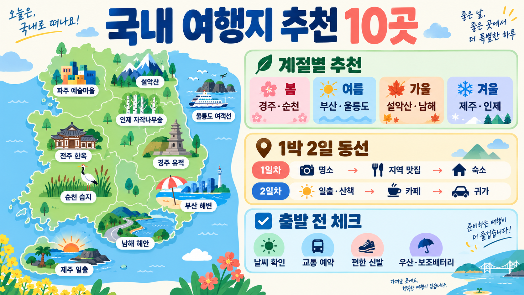 국내 여행지 추천 10곳: 계절별 동선과 준비 체크리스트 정보 카드