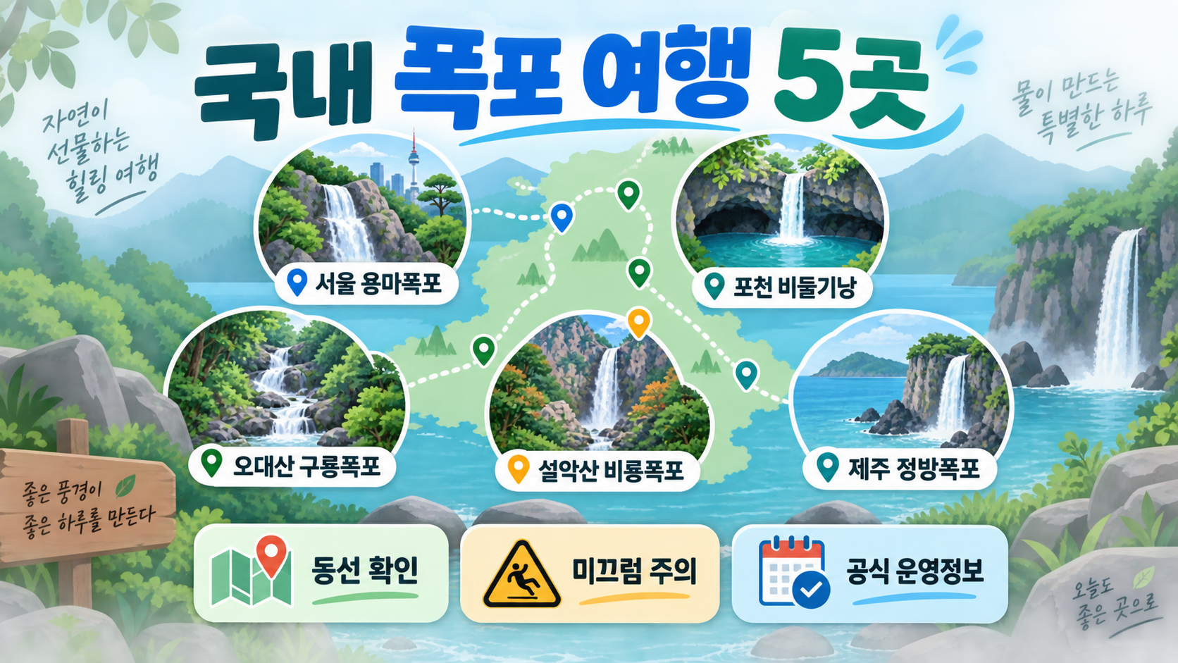 국내 폭포 여행 가이드: 용마폭포부터 정방폭포까지 5곳 정보 카드