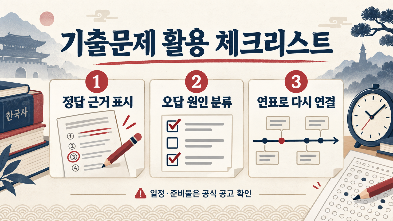 한국사능력검정시험 준비 방법: 등급 선택부터 기출문제 활용까지 확인 정보 카드