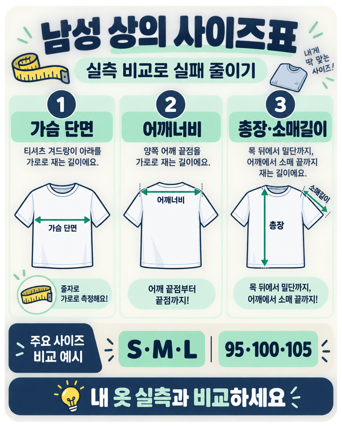 남성 상의 사이즈표: 실측부터 해외 사이즈까지 고르는 법 정보 카드
