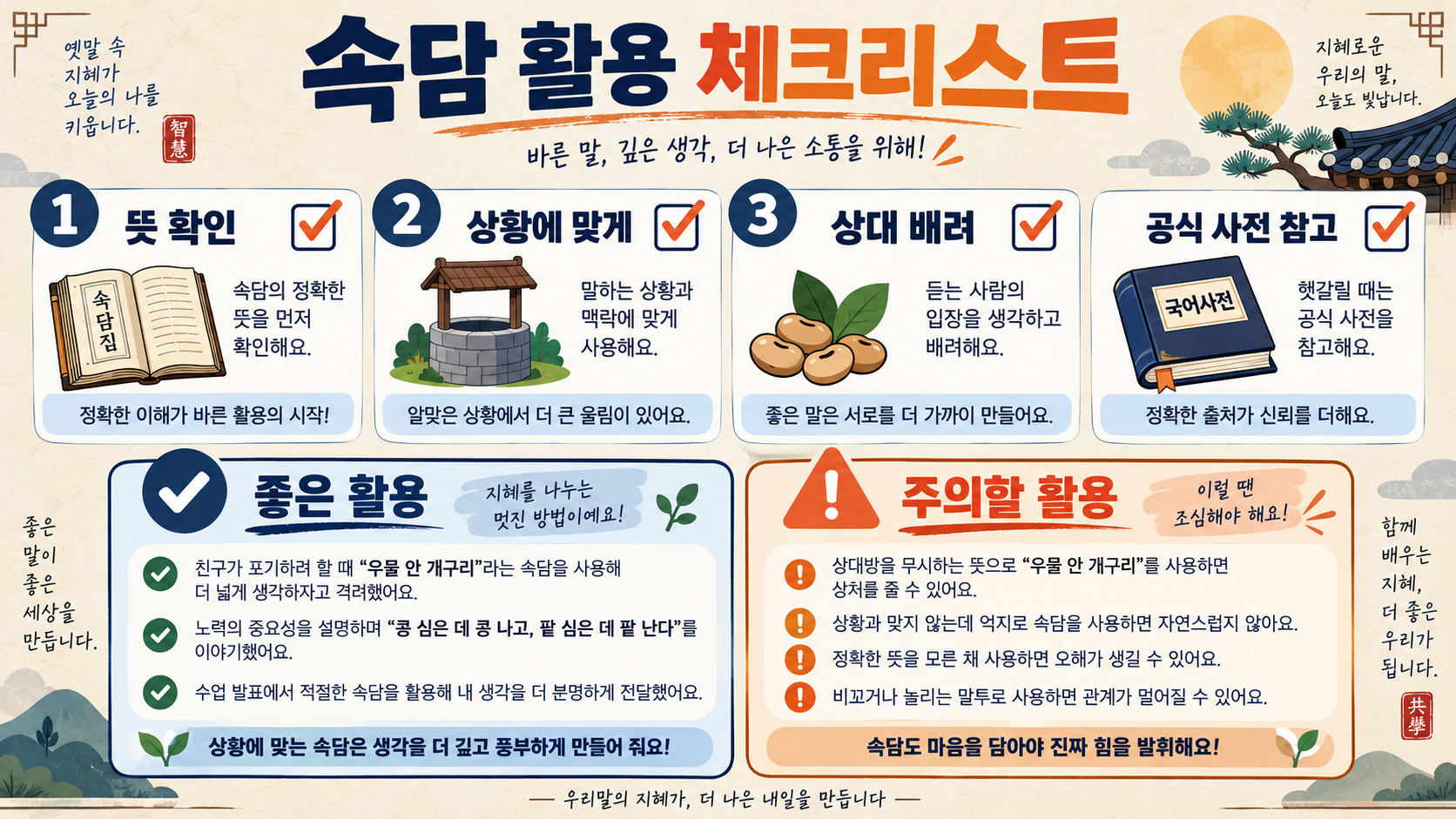 우리나라 속담 100가지: 뜻과 활용을 쉽게 정리 확인 정보 카드