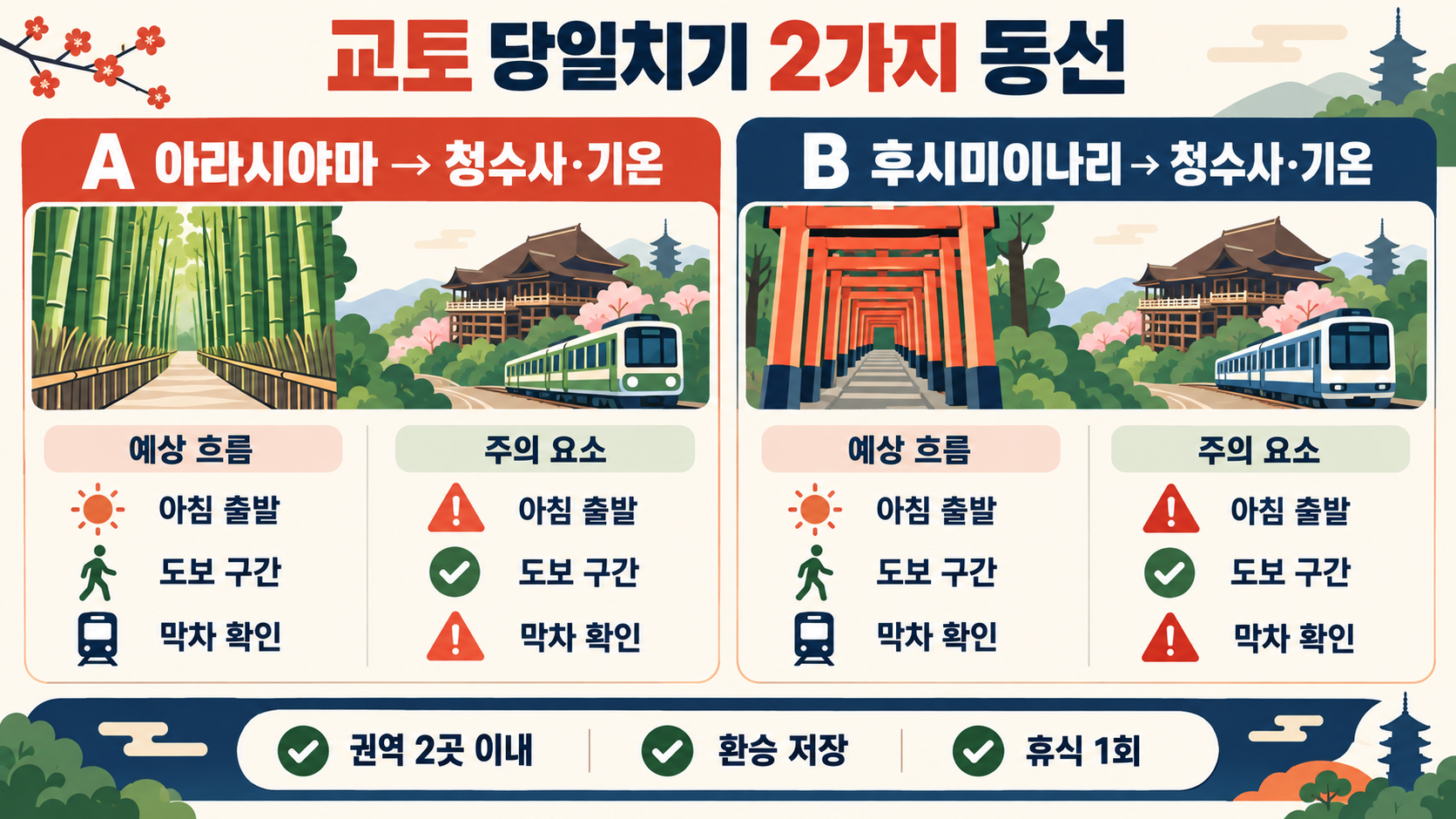 오사카 출발 교토 여행 코스: 당일치기·2박 3일 지도형 일정 가이드 관련 정보 카드