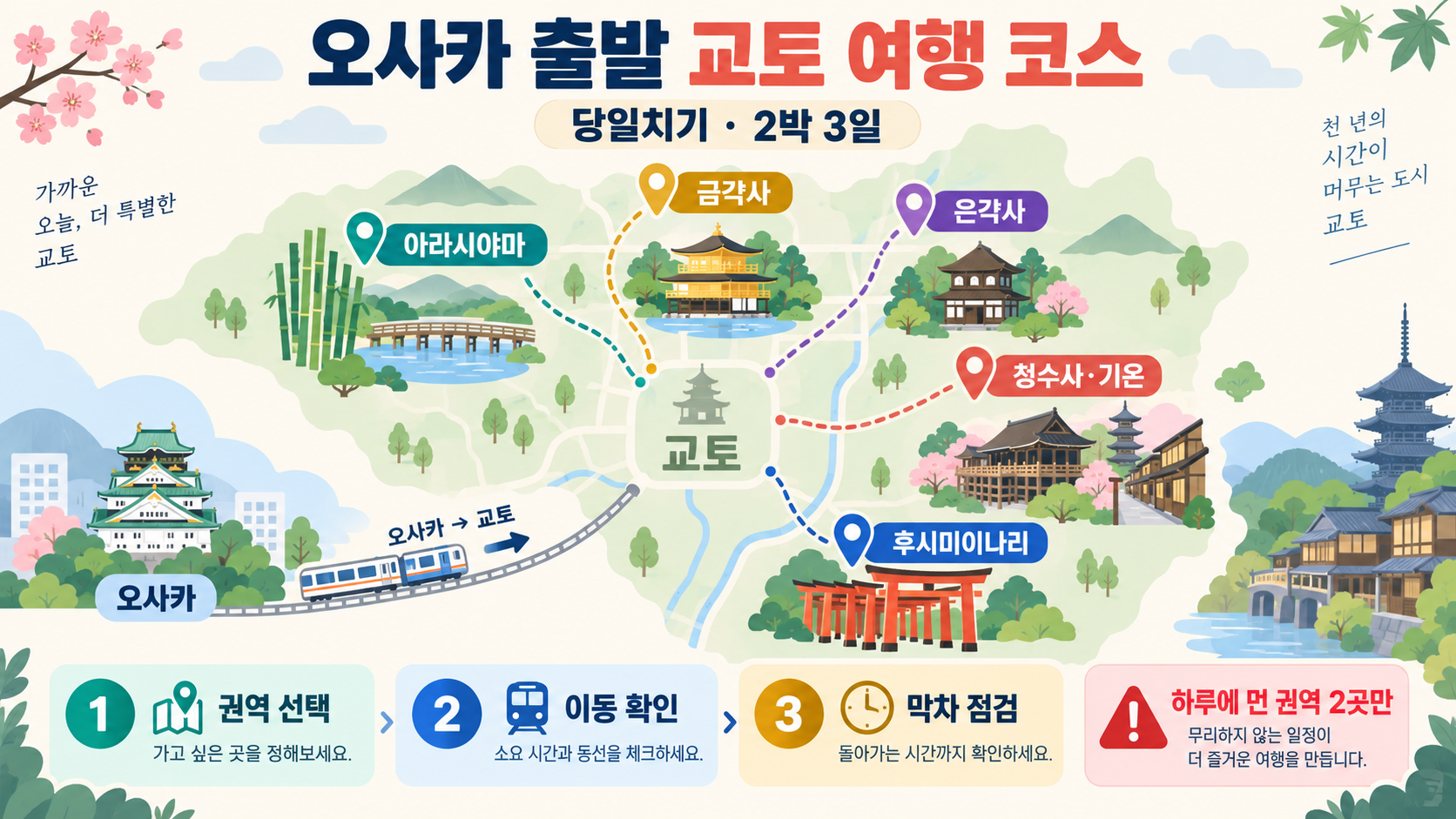 오사카 출발 교토 여행 코스: 당일치기·2박 3일 지도형 일정 가이드 정보 카드