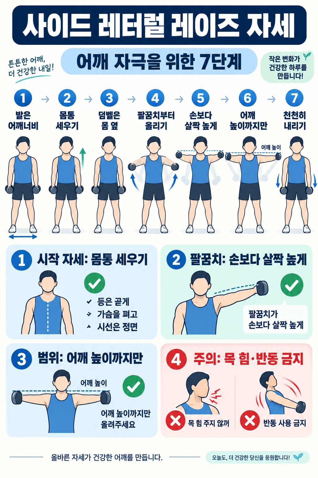 사이드 레터럴 레이즈 자세: 어깨 자극을 위한 7단계 체크리스트 정보 카드