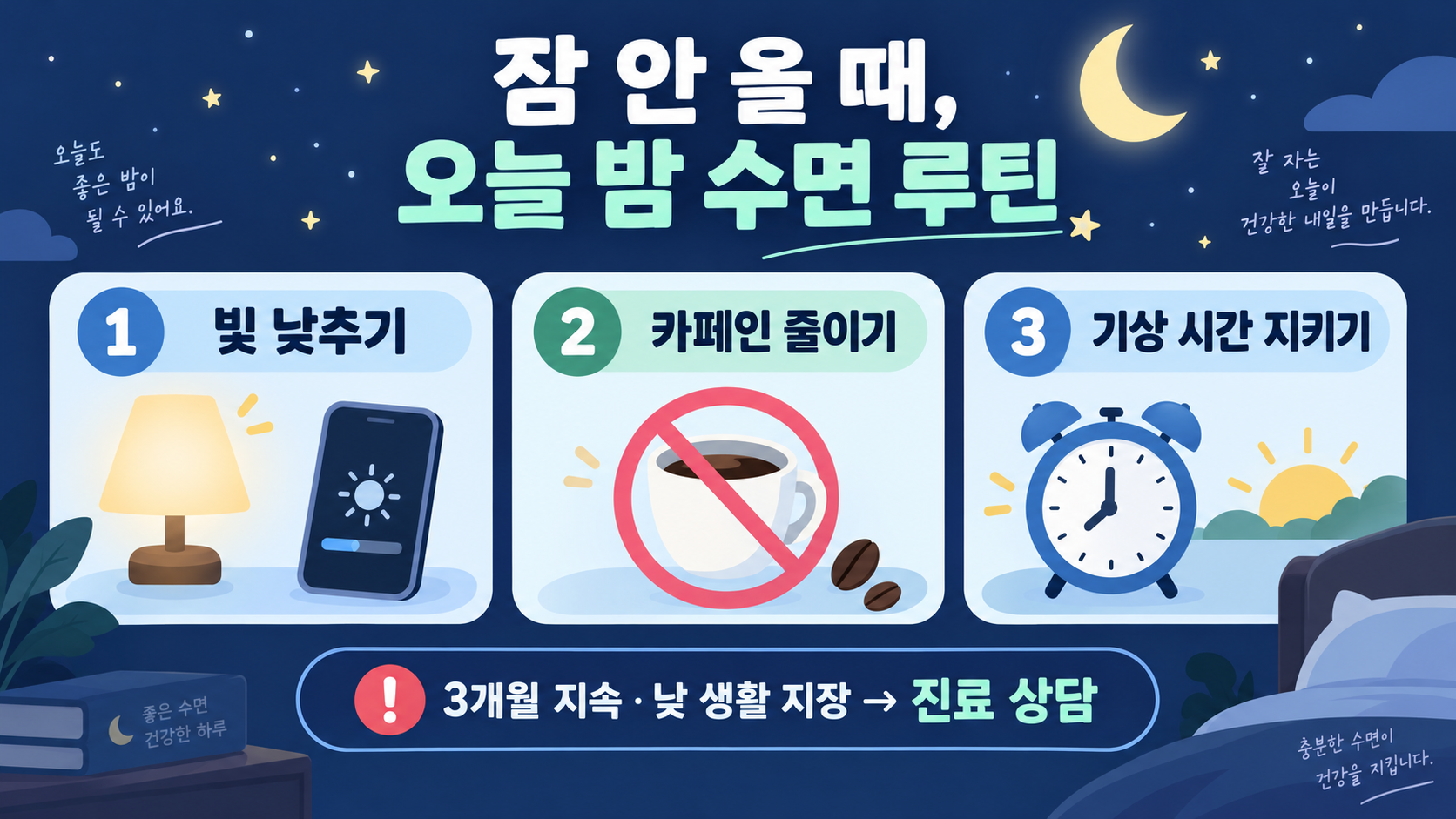가벼운 불면증, 빨리 잠드는 법: 오늘 밤부터 실천하는 수면 루틴 정보 카드
