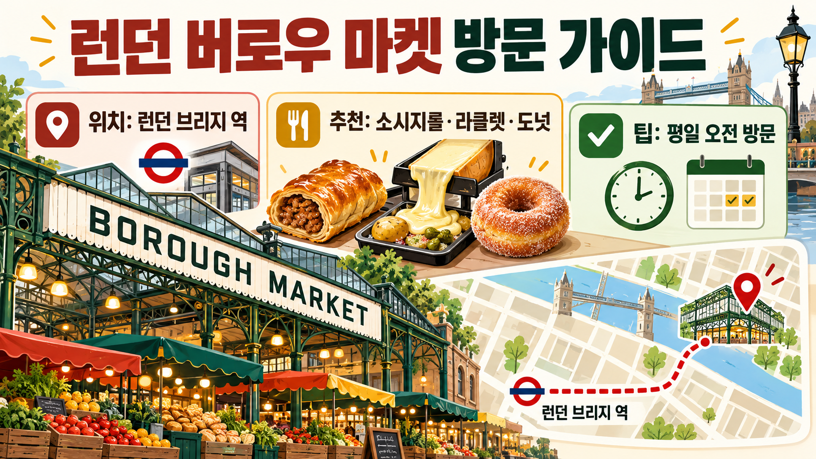 런던 버로우 마켓 방문 가이드: 위치·시간·추천 먹거리 정보 카드