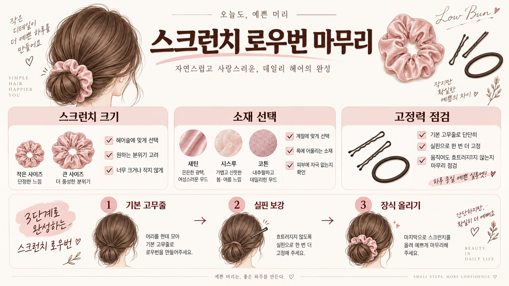 긴머리 로우번 예쁘게 묶는 법: 스크런치까지 쉽게 정리 확인 정보 카드