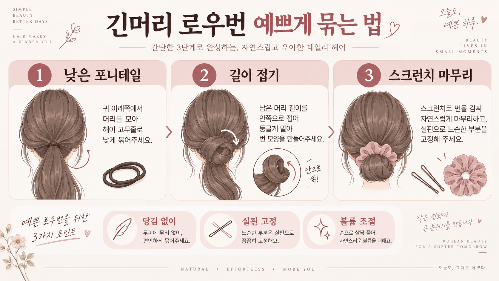 긴머리 로우번 예쁘게 묶는 법: 스크런치까지 쉽게 정리 정보 카드