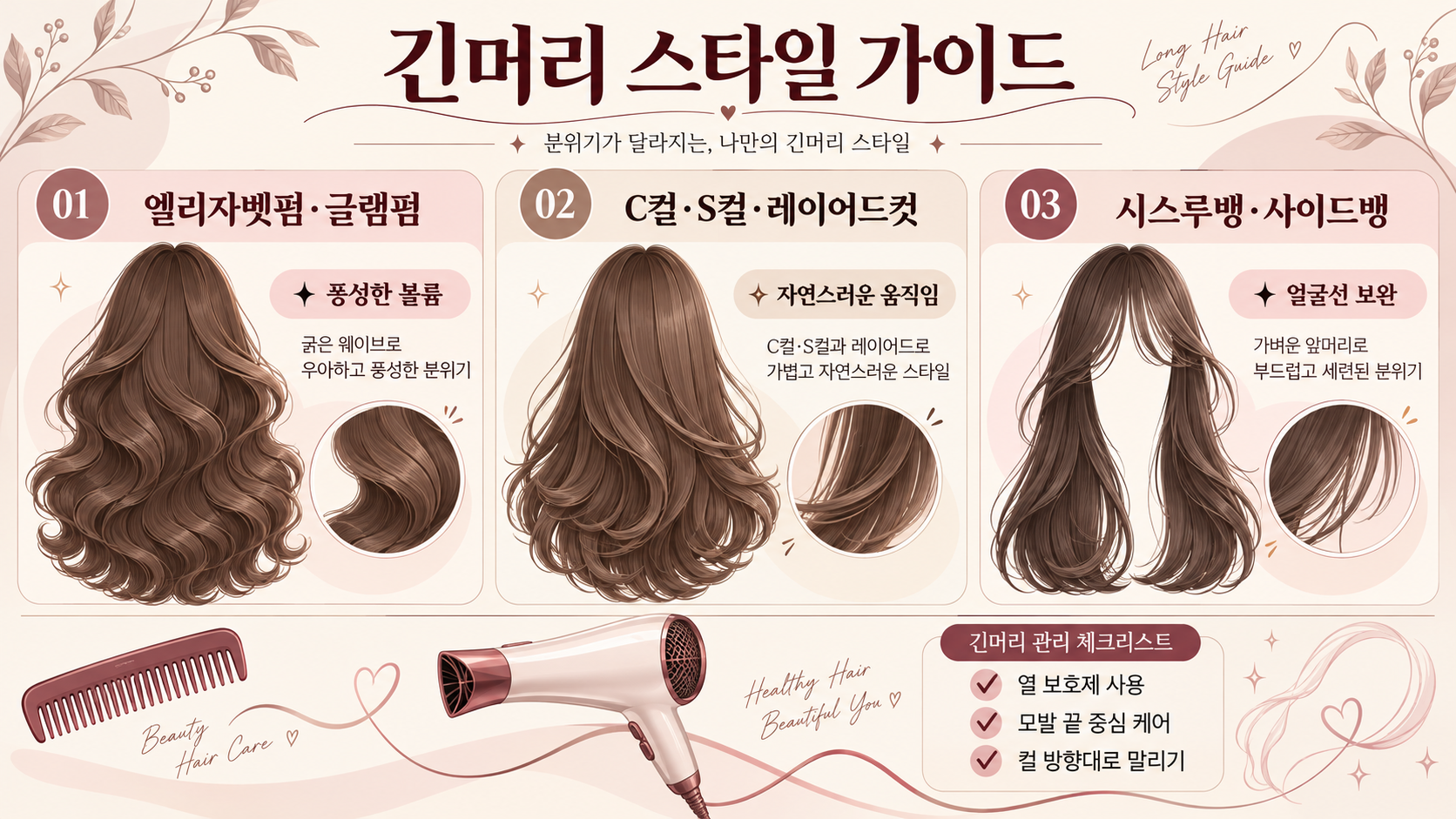 여성 긴머리 헤어스타일 종류와 앞머리 조합 가이드 대표 이미지