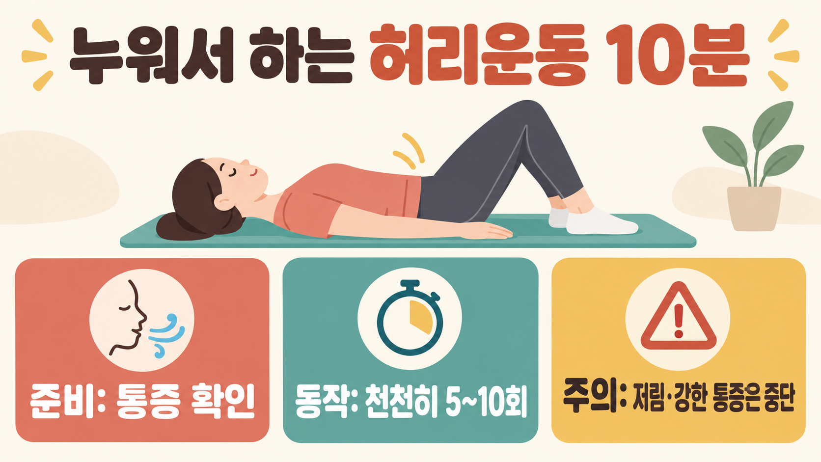 집에서 누워서 하는 허리운동: 10분 기본 동작과 주의사항 정보 카드
