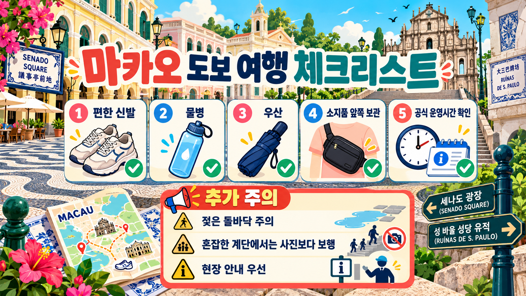 마카오 여행: 세나도 광장부터 성 바울 성당 유적까지 걷기 확인 정보 카드