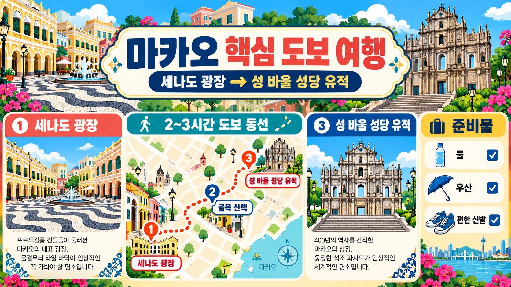 마카오 여행: 세나도 광장부터 성 바울 성당 유적까지 걷기 정보 카드
