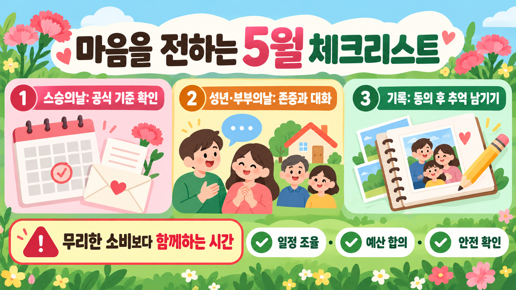 5월 가정의 달 기념일: 어린이날·어버이날·스승의날 의미와 준비 체크리스트 확인 정보 카드