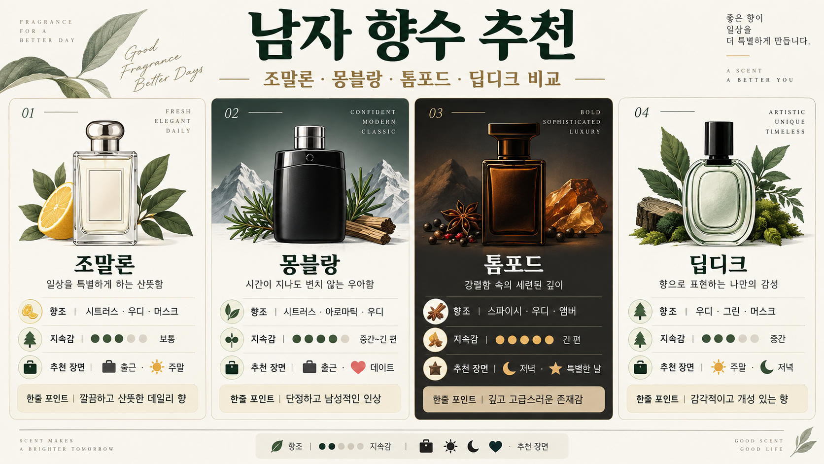 남자 향수 추천: 조말론·몽블랑·톰포드·딥디크 비교 가이드 정보 카드