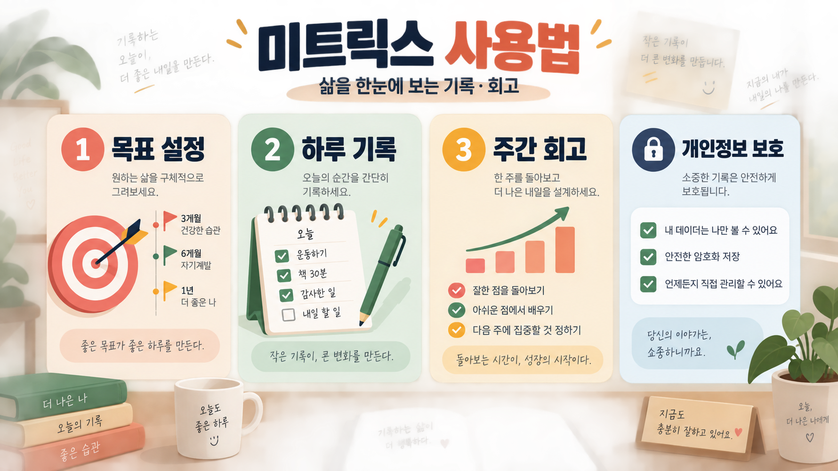 미트릭스 사용법: 삶을 한눈에 보는 개인 기록·회고 관리 가이드 정보 카드