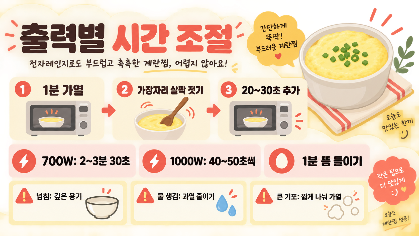 초간단 전자레인지 계란찜 만들기: 실패 줄이는 시간과 순서 확인 정보 카드