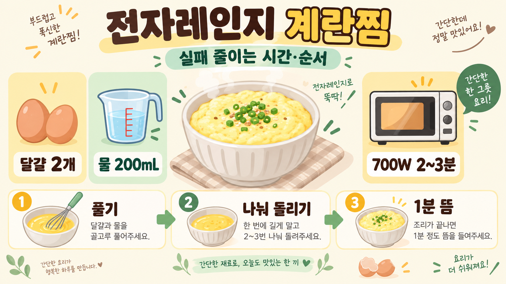 초간단 전자레인지 계란찜 만들기: 실패 줄이는 시간과 순서 정보 카드