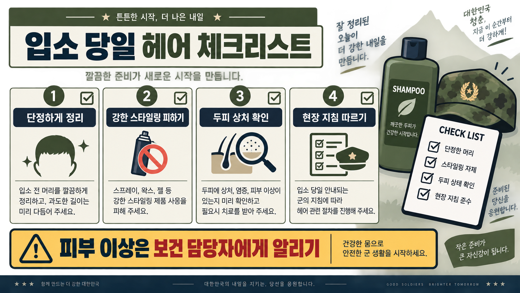 군입대 전 머리 길이 가이드: 훈련소·각 군 규정 확인 방법 확인 정보 카드