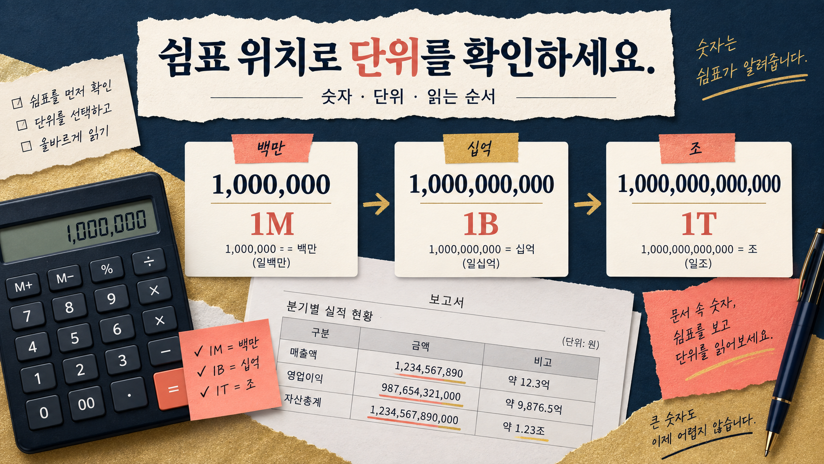 숫자와 단위를 확인하는 순서를 보여 주는 정보 카드