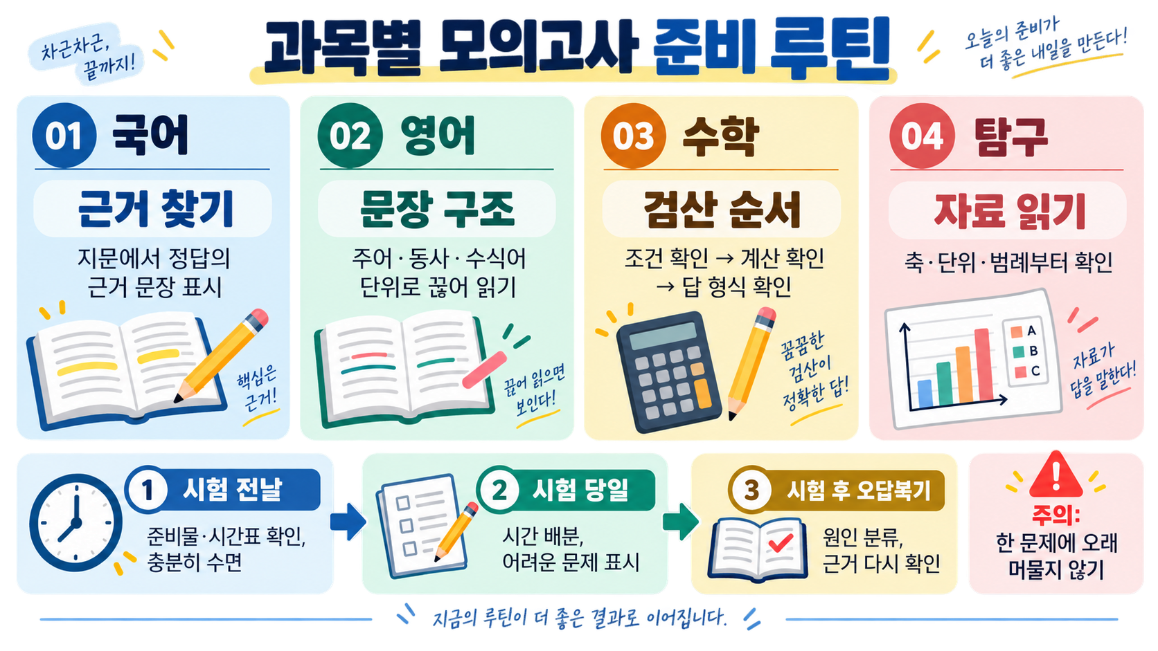 고1·고2·고3 모의고사 시간표와 출제 범위, 과목별 준비 팁 확인 정보 카드