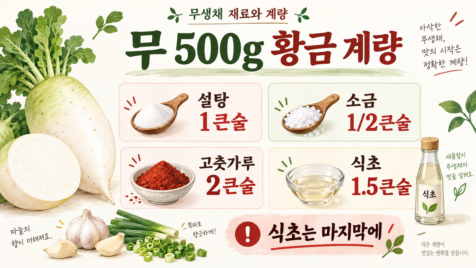 무생채 만드는 법: 절이지 않아도 아삭한 황금 레시피 관련 정보 카드