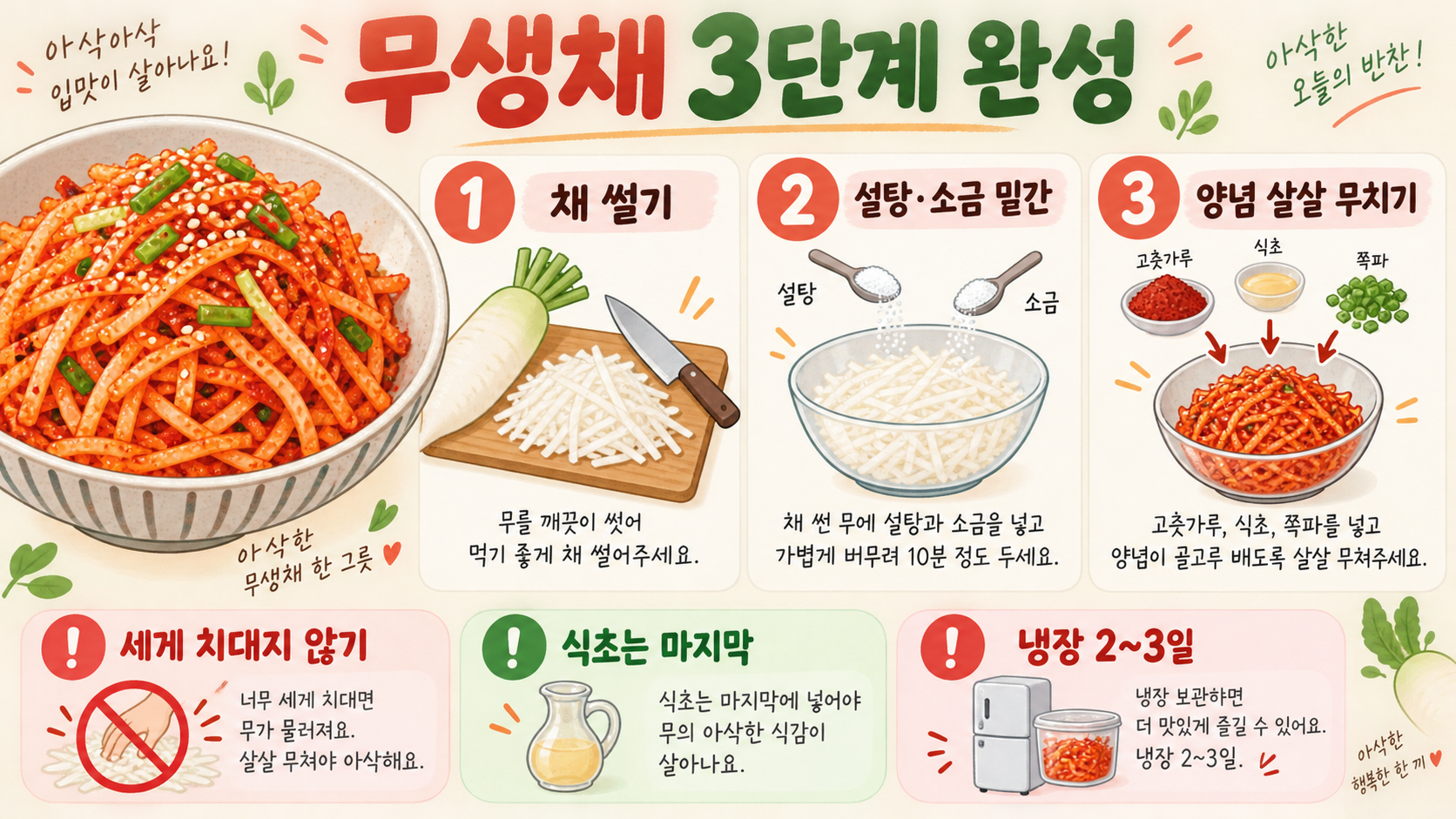 무생채 만드는 법: 절이지 않아도 아삭한 황금 레시피 확인 정보 카드