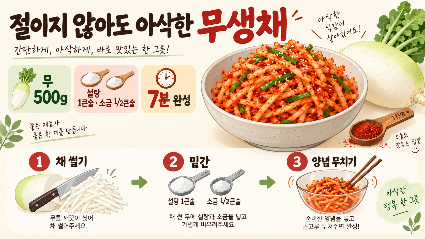 무생채 만드는 법: 절이지 않아도 아삭한 황금 레시피 정보 카드