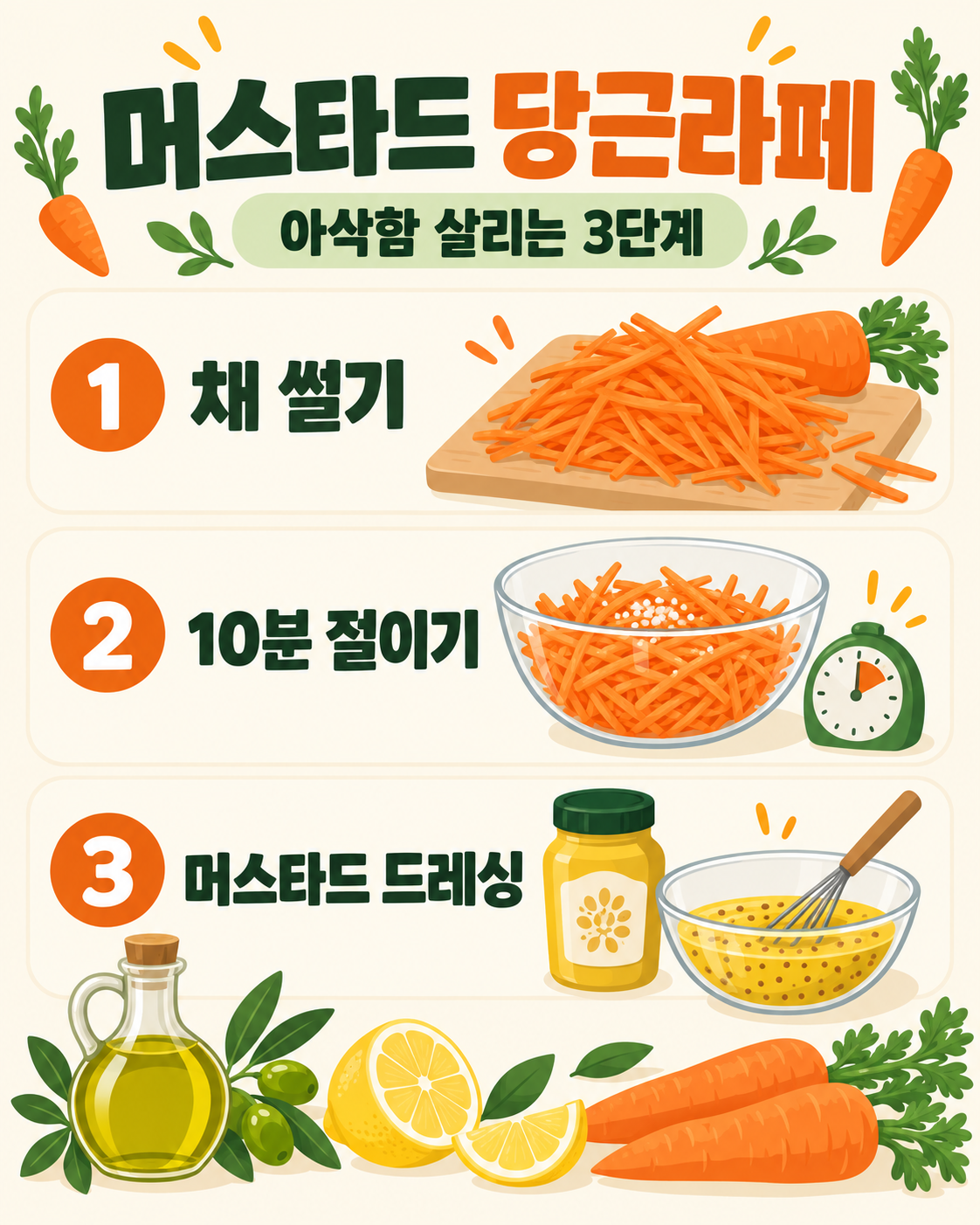 머스타드로 만드는 당근라페: 아삭한 식감 살리는 기본 레시피 정보 카드