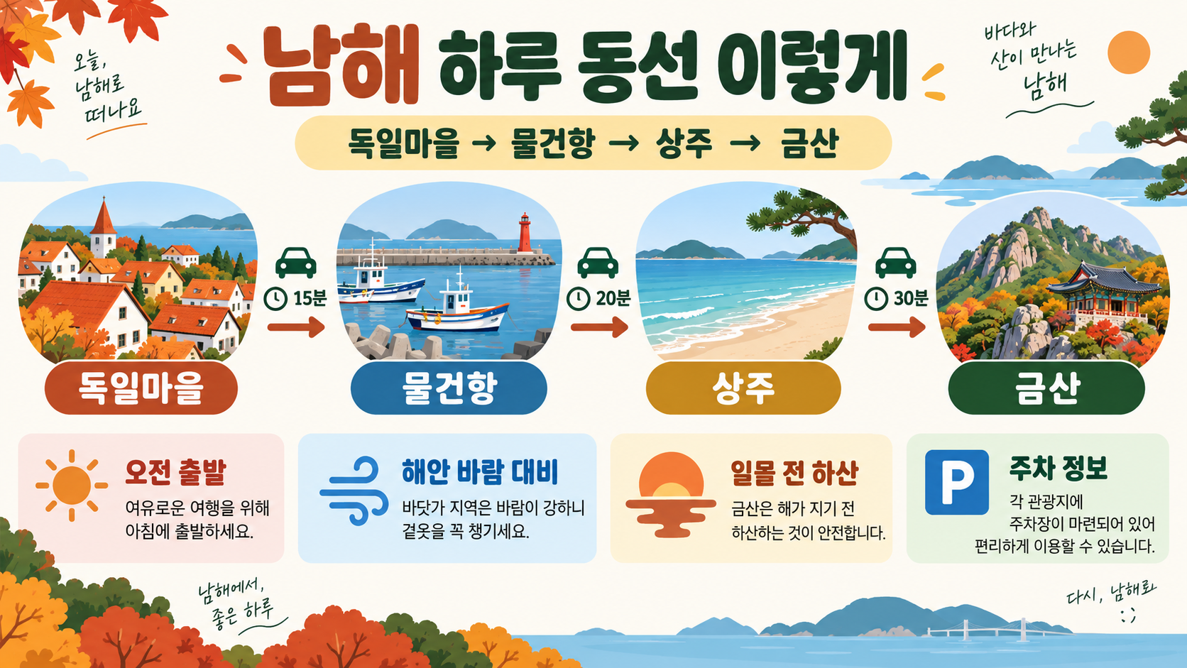 가을 남해 여행 가볼만한 곳 BEST 7: 동선·준비물 가이드 관련 정보 카드