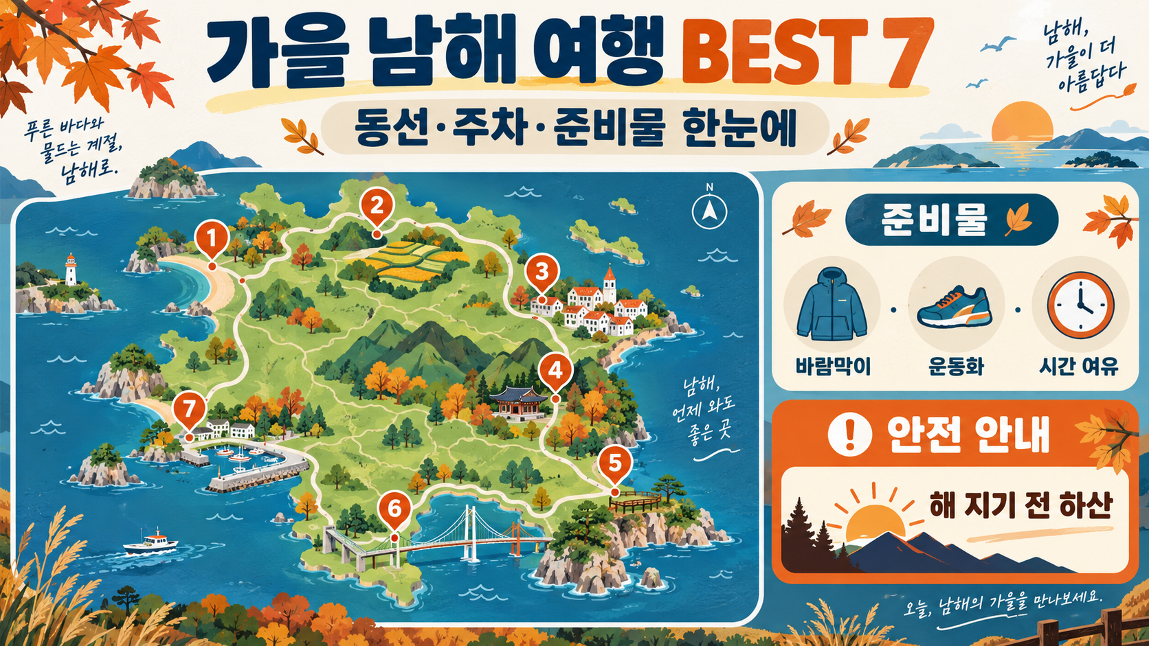가을 남해 여행 가볼만한 곳 BEST 7: 동선·준비물 가이드 정보 카드