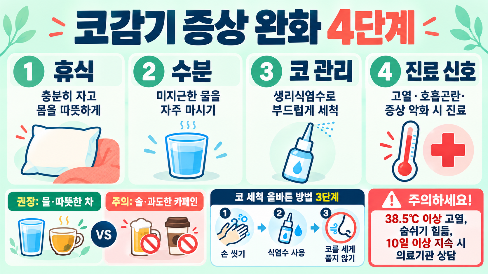 코감기 증상 완화를 위한 4단계 관리법 정보 카드