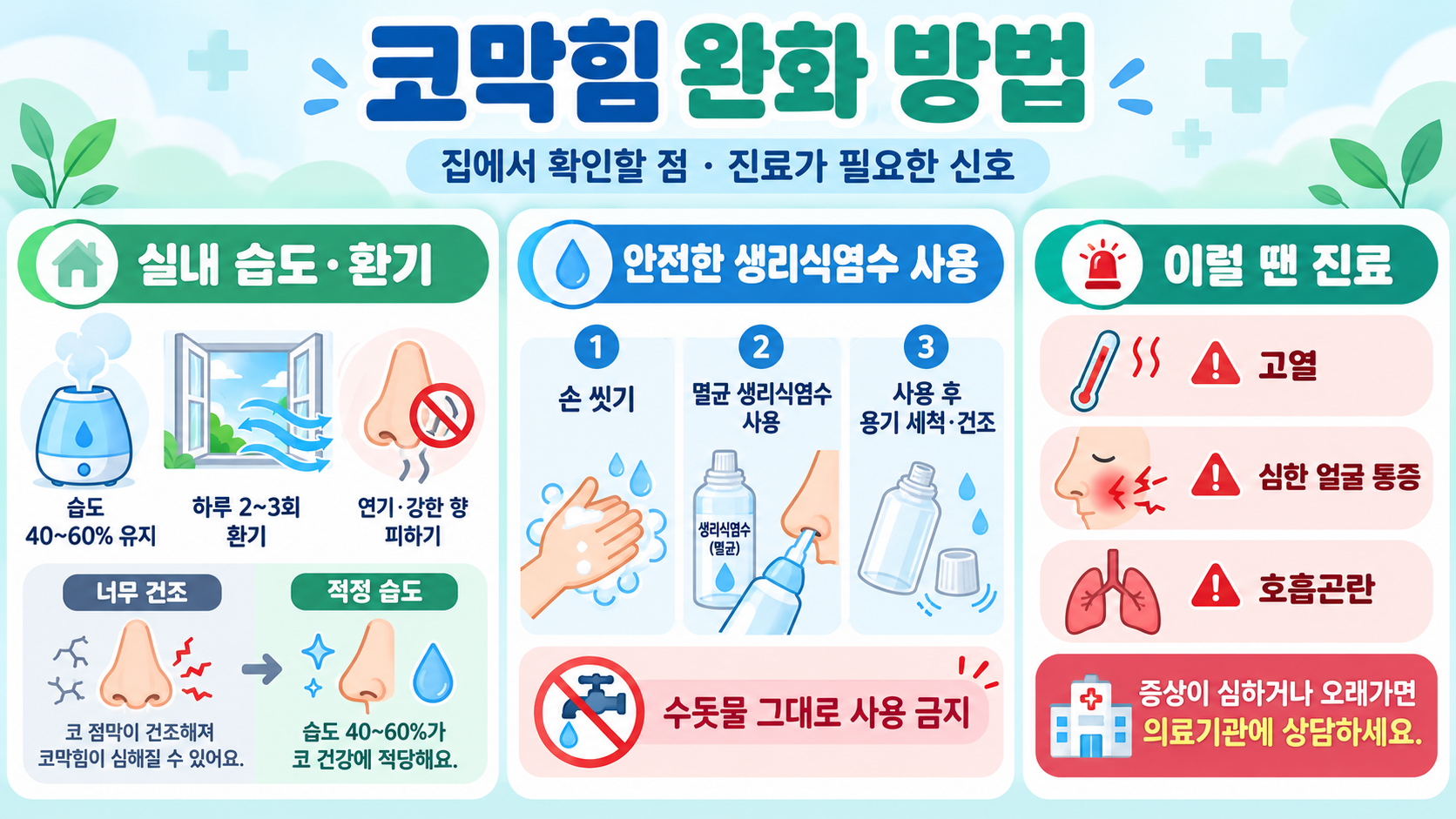 코막힘 완화 방법: 집에서 확인할 점과 진료가 필요한 신호 정보 카드