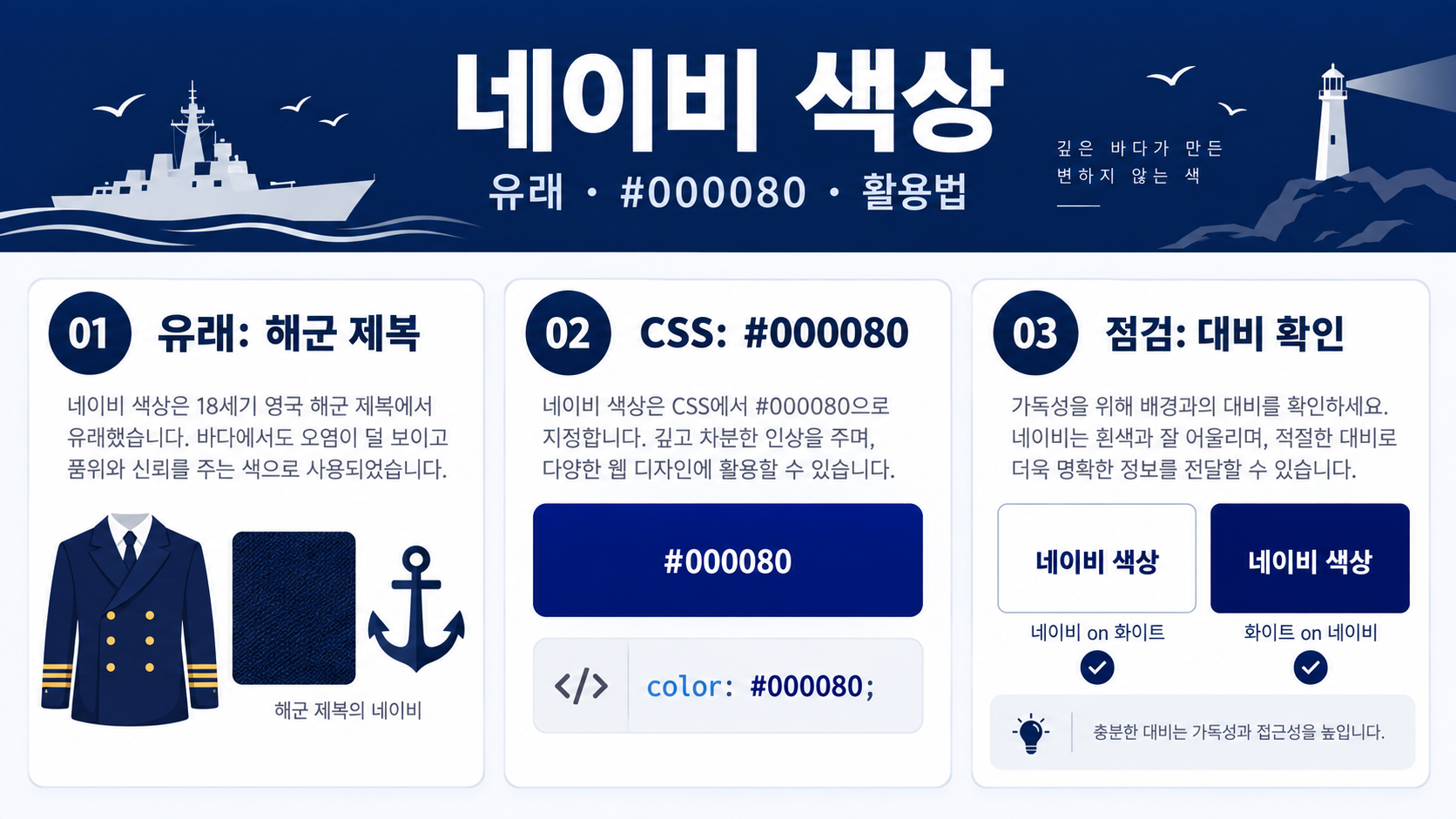 네이비 색상: 유래와 HTML·CSS 활용 가이드 정보 카드