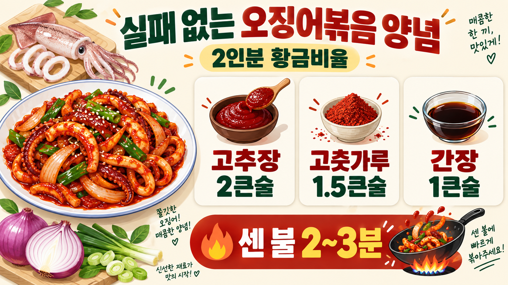 실패 없이 누구나 맛있게 만드는 오징어볶음 양념 레시피 정보 카드