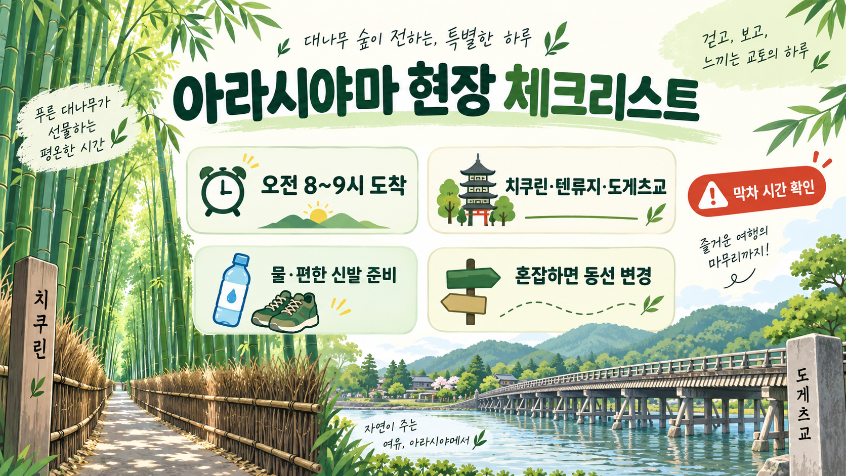 오사카·교토 당일치기: 아라시야마 치쿠린 여행 코스 확인 정보 카드