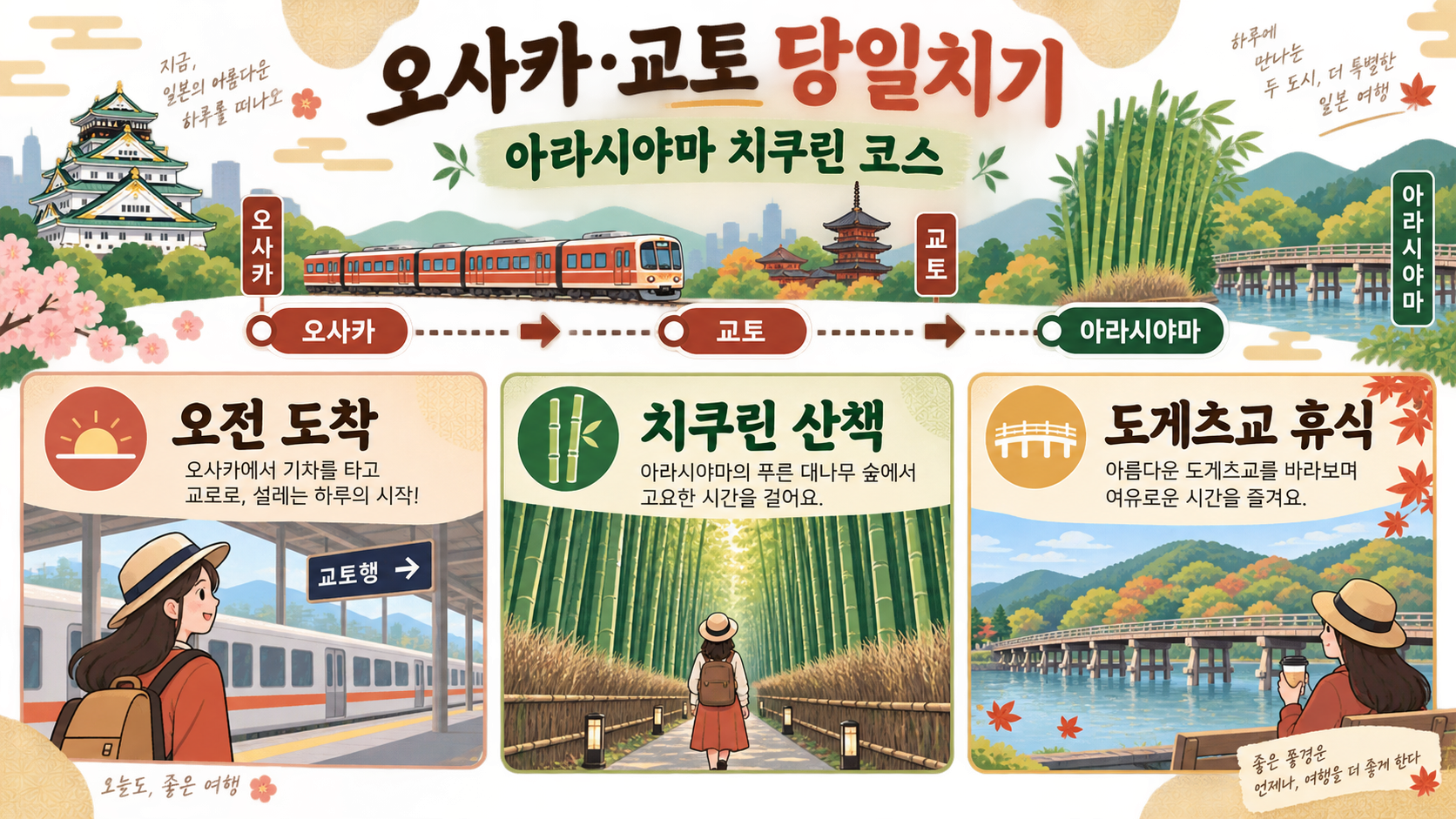 오사카·교토 당일치기: 아라시야마 치쿠린 여행 코스 정보 카드