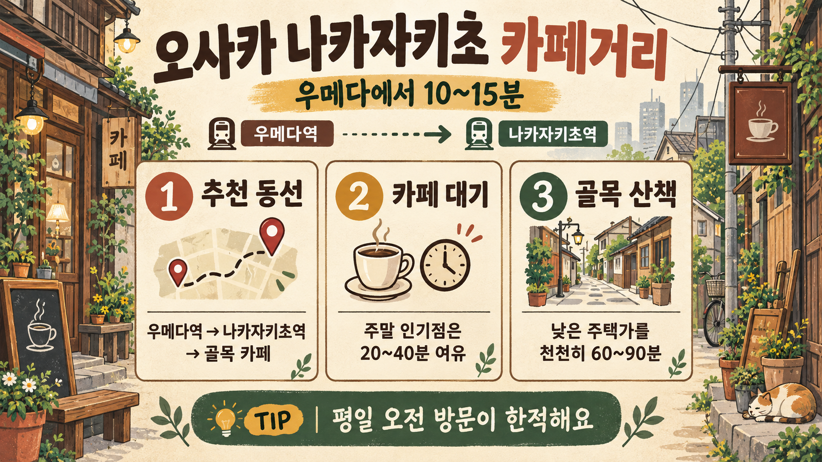 오사카 나카자키초 카페거리 여행 가이드: 우메다에서 걷는 골목·카페 코스 정보 카드