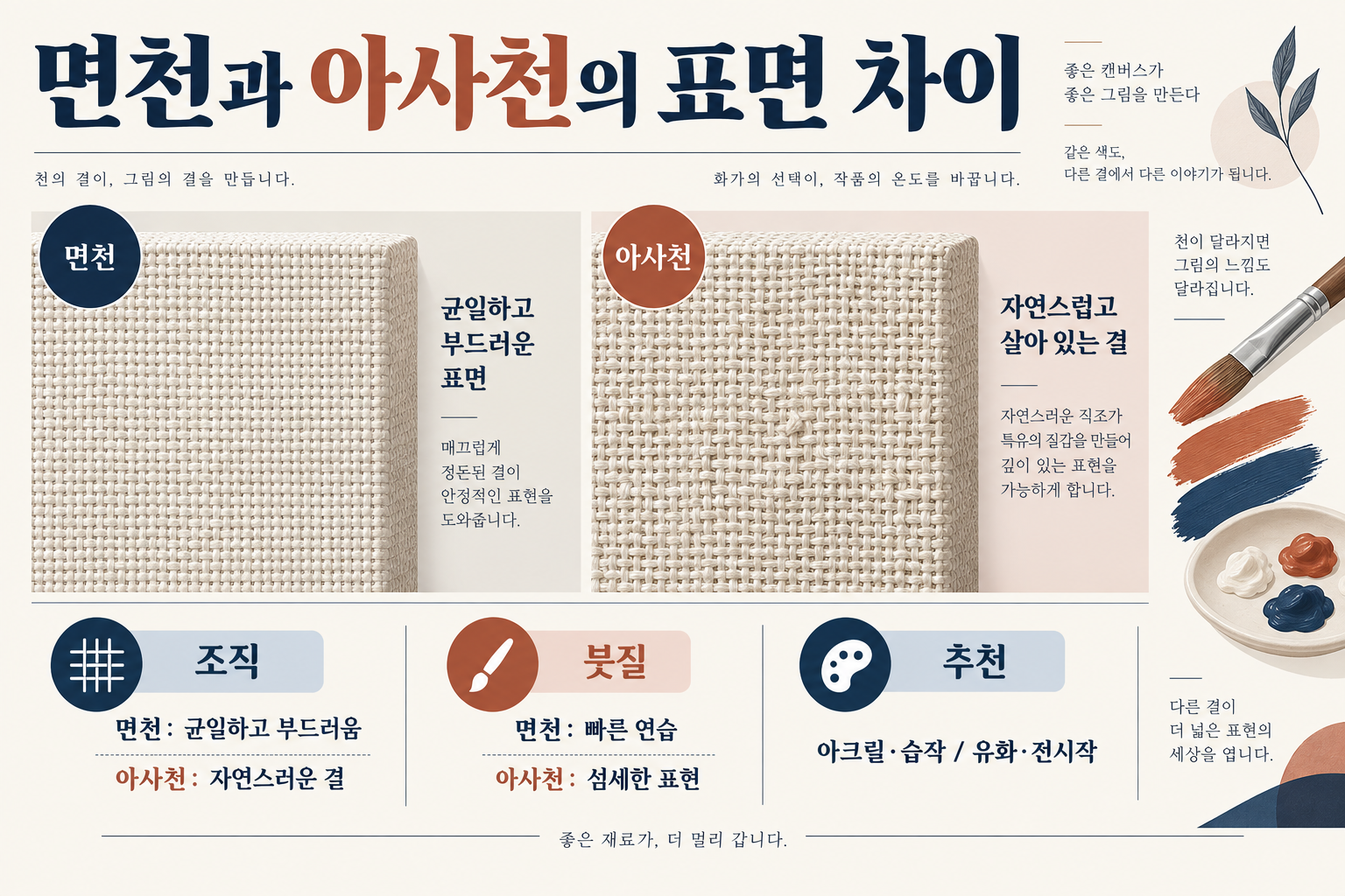 캔버스 천 종류 비교: 면천과 아사천, 작품에 맞게 고르는 법 관련 정보 카드