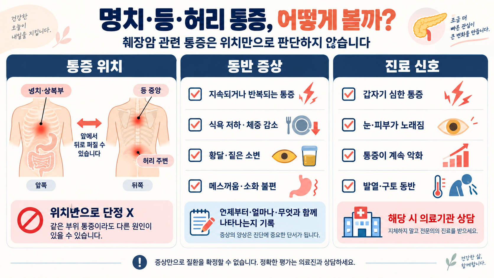 췌장암 등통증 위치와 초기증상: 명치·허리 통증 확인 가이드 정보 카드